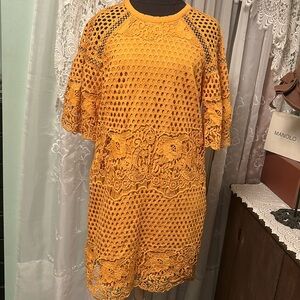 Gold Polyester Lined Lace Dress Sz L